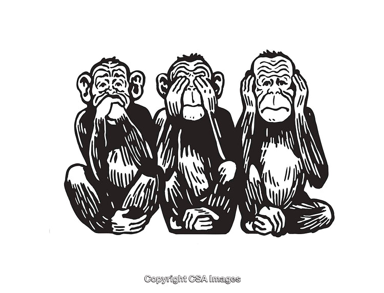 Black and White Illustration of Three Wise Monkeys Depicting Moral Principles