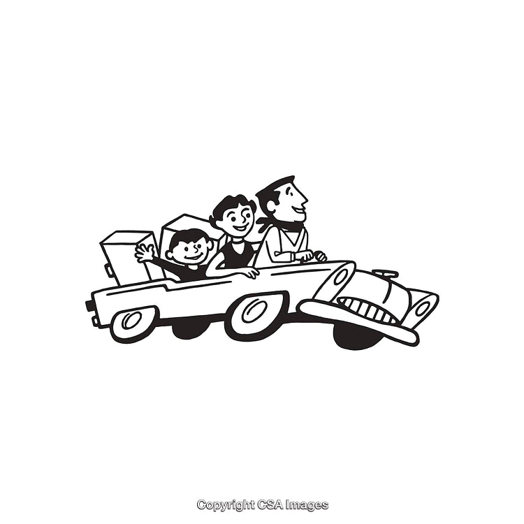 Vintage Family Traveling in Car Black and White Line Art Illustration