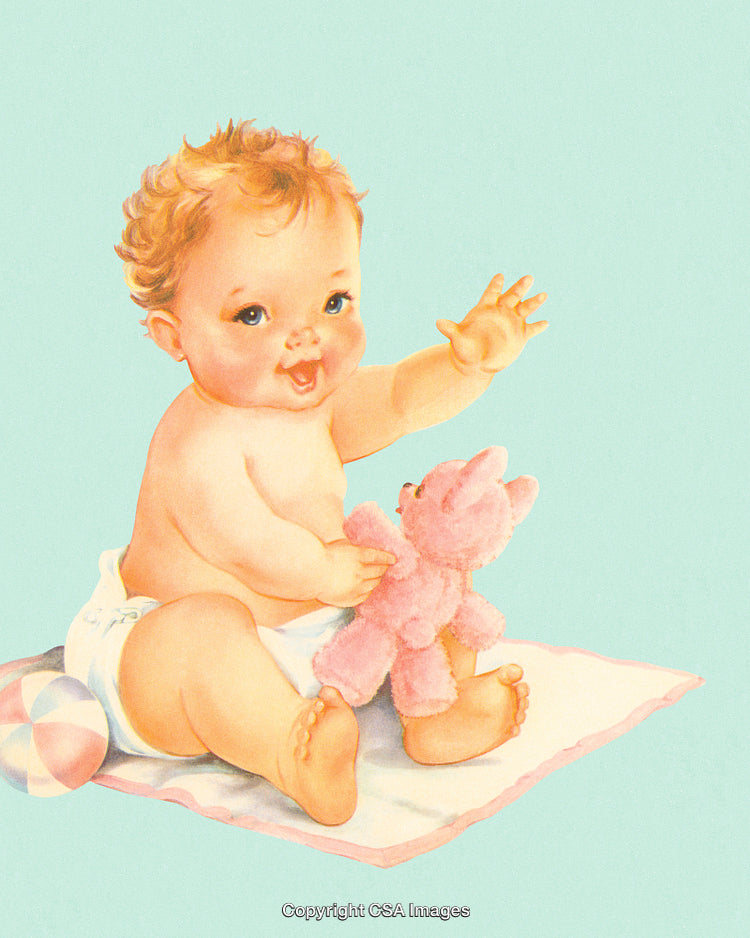 Adorable Baby Playing With a Pink Teddy Bear on a Blanket