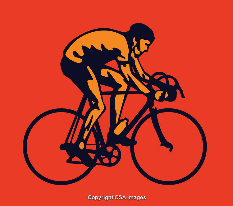 Colorful Line Art Illustration of a Cyclist Riding a Bicycle on Red Background