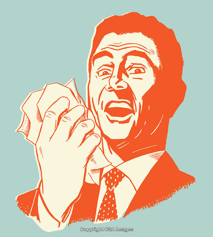 Retro Illustrated Man Expressing Surprise Holding a Handkerchief in Bold Colors