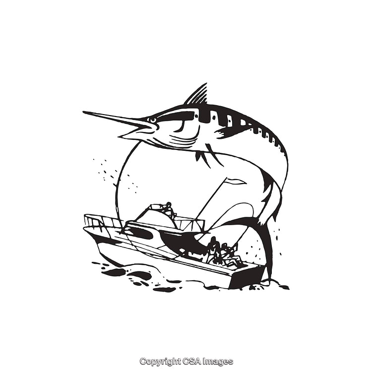 Stylized Line Art of Sailfish Jumping Over Fishing Boat in Action