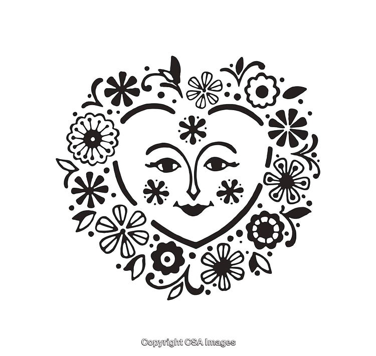 Decorative Heart-Shaped Line Art Filled With Flowers and a Smiling Face