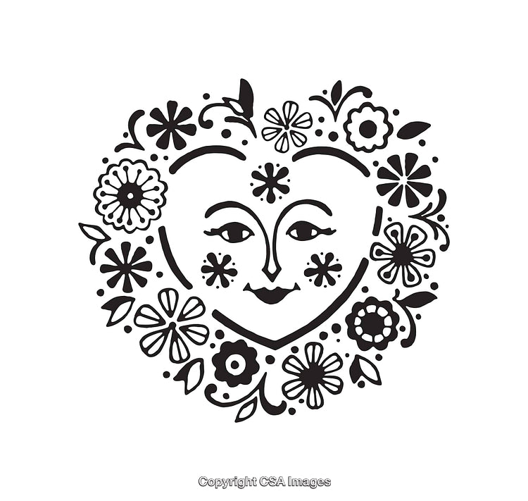 Decorative Heart-Shaped Line Art Filled With Flowers and a Smiling Face