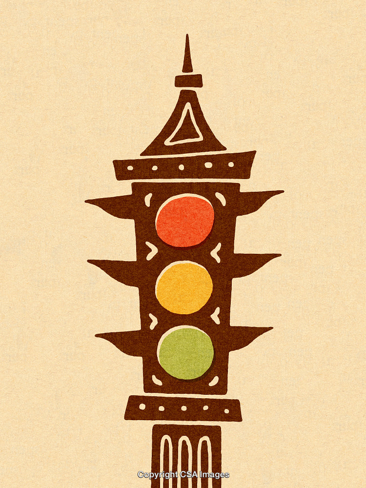 Vintage Traffic Light Illustration With Bold Primary Colors on Kraft Paper Background
