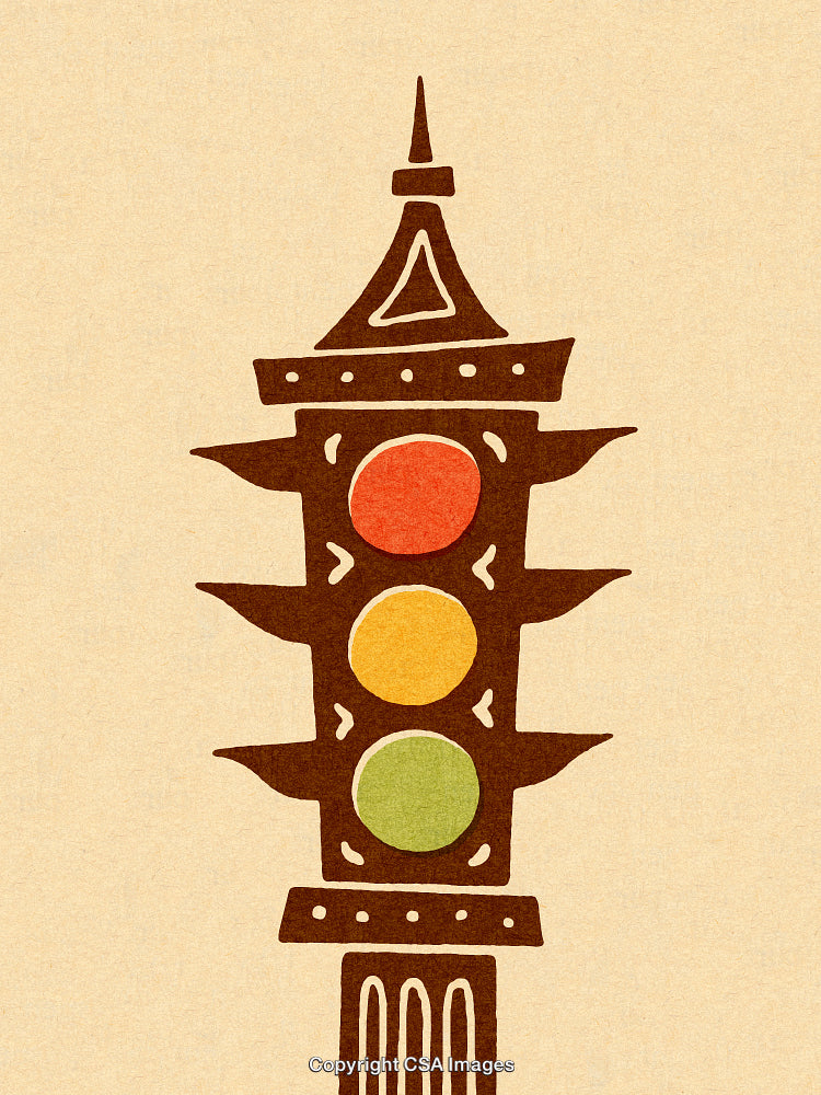 Vintage Traffic Light Illustration With Bold Primary Colors on Kraft Paper Background