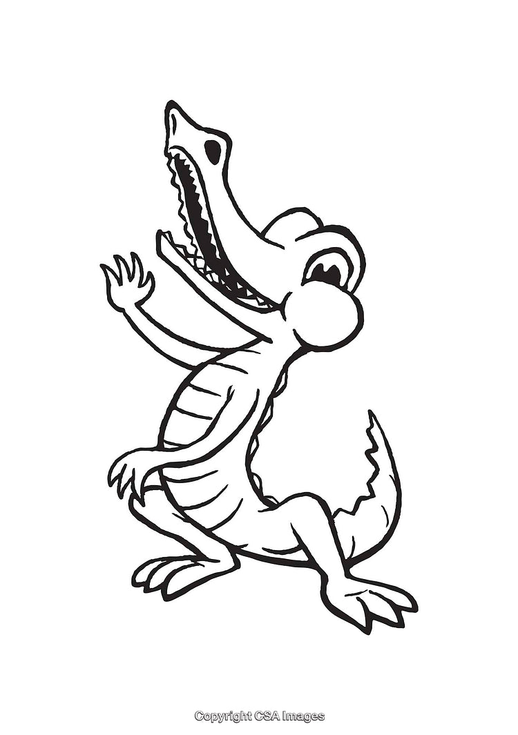 Black and White Line Art Illustration of a Smiling Cartoon Crocodile