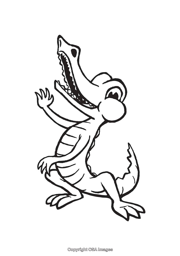 Black and White Line Art Illustration of a Smiling Cartoon Crocodile