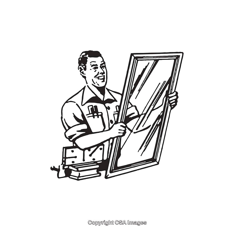 Retro Black And White Illustration of a Worker Holding a Glass Pane