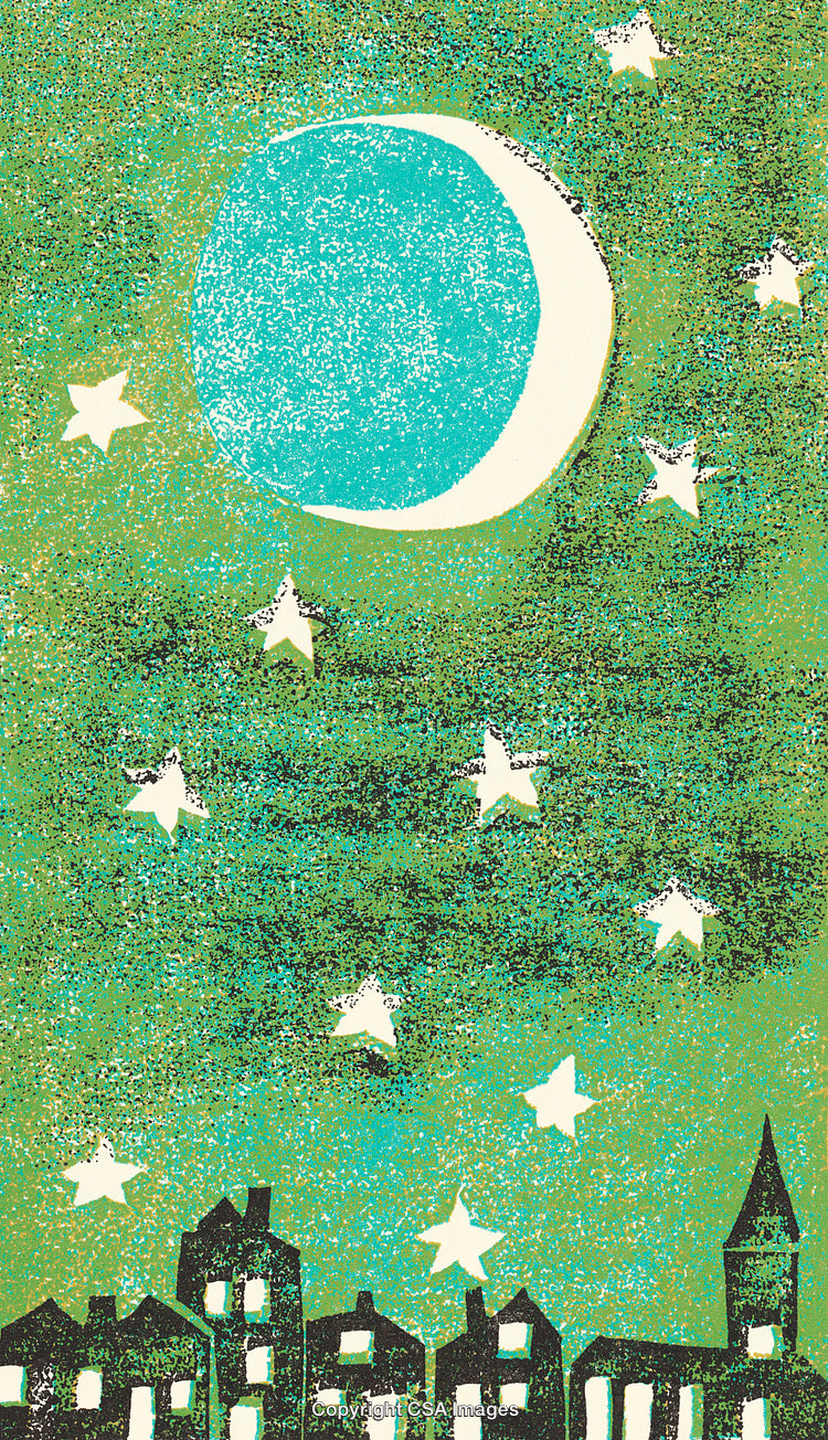 Beautiful Night Scene with Blue Moon, Stars, and City Silhouette