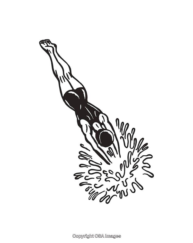 Black and White Illustration of a Diver Splashes into Water