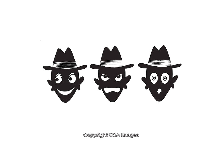 Three Characters Expressing Different Emotions in Black and White Illustrations