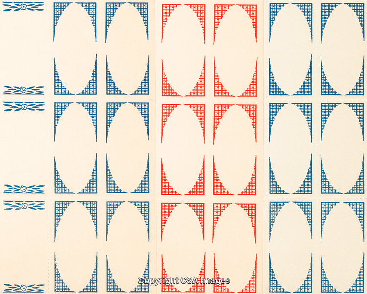 Patterned Blue and Red Graphic Design with Decorative Shapes on Light Background