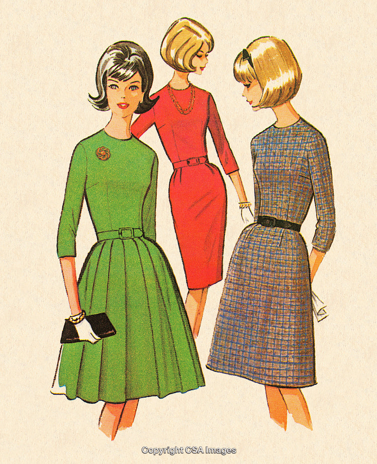 Vintage Fashion Illustration of Women in Stylish 1960s Dresses