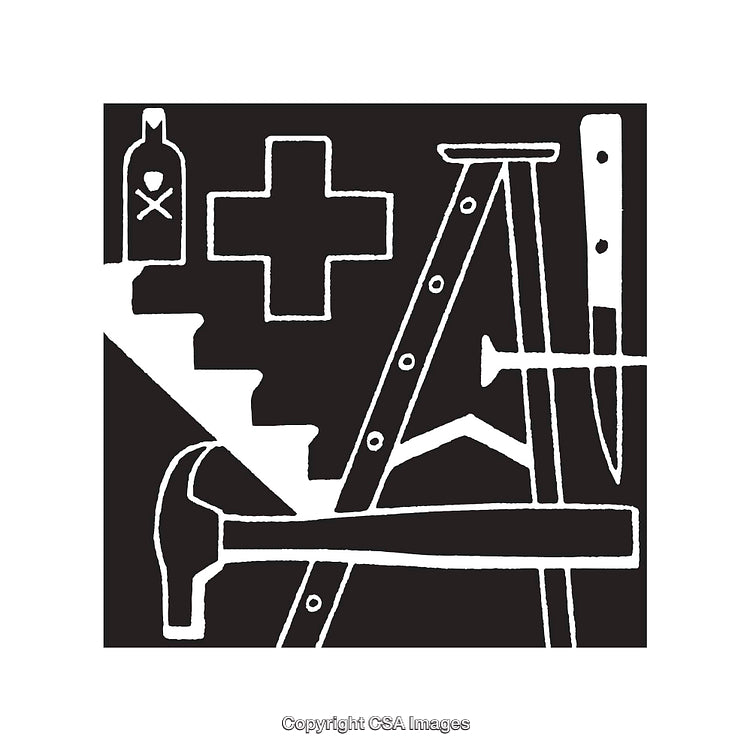 Black and White Icons Featuring Tools and Safety Symbols