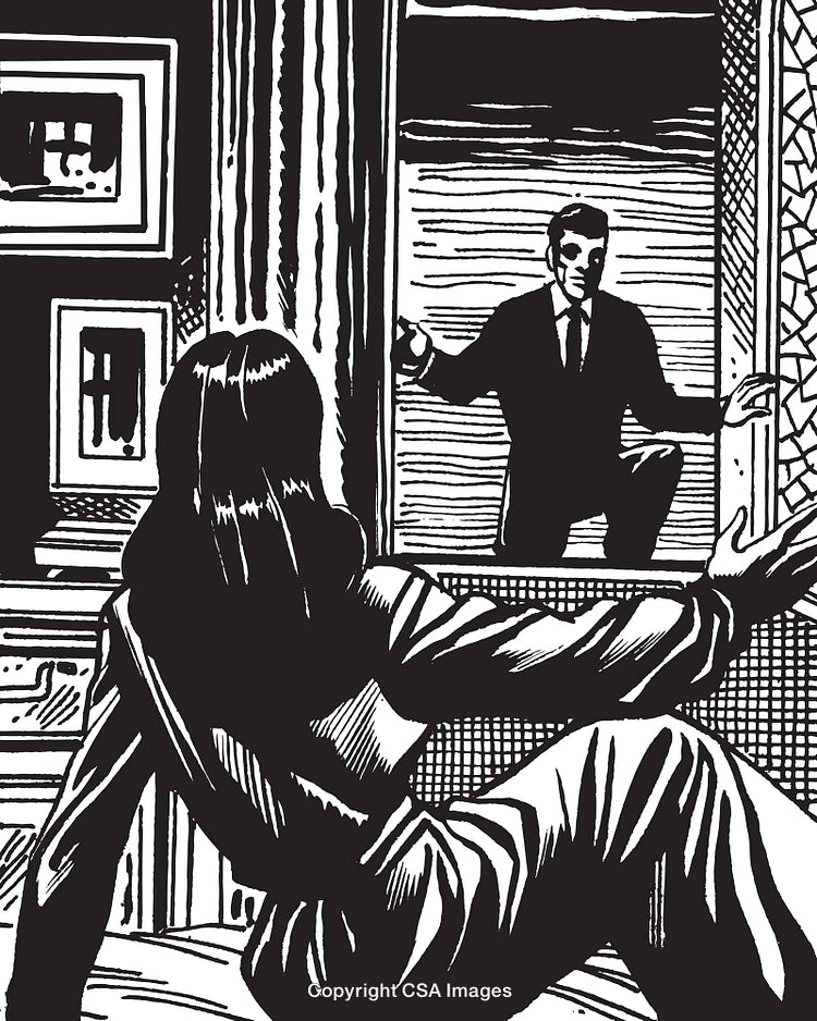Intriguing Scene in Stylized Black and White Illustration