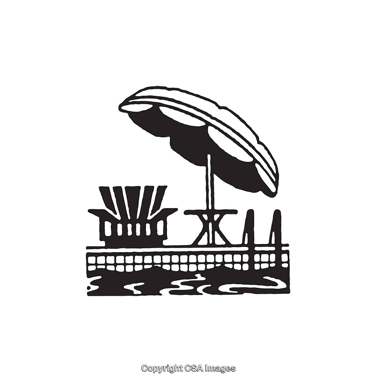 Black And White Line Art Of A Relaxing Poolside Setting With Umbrella