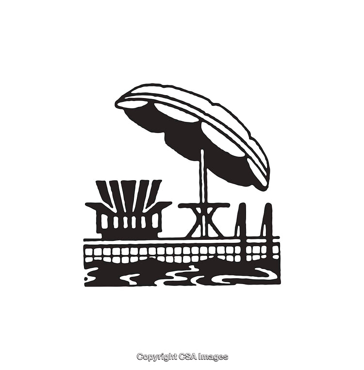 Black And White Line Art Of A Relaxing Poolside Setting With Umbrella