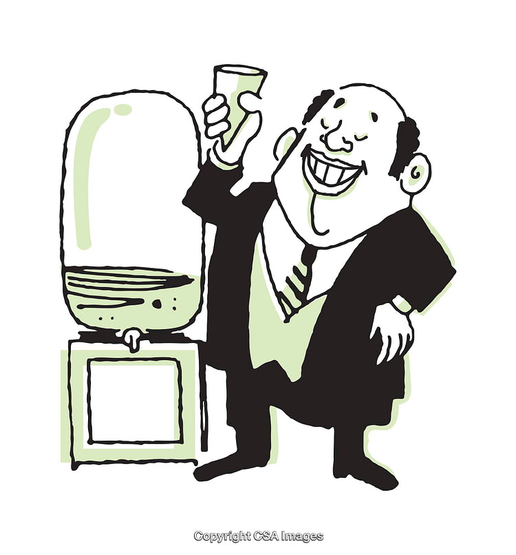 Cheerful Businessman Enjoying a Drink by the Office Water Cooler