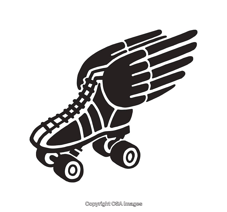 Winged Roller Skate Symbol in Black and White Icon Style