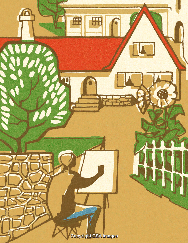 Artist Sketching a Quaint Cottage Scene with Tree and Fence in Foreground