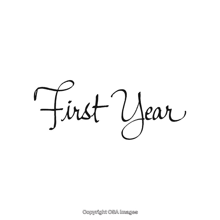 First Year Handwritten Calligraphy Text on a White Background