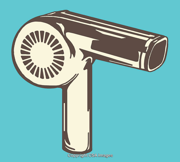 Retro Line Art Illustration of Hair Dryer on Blue Background