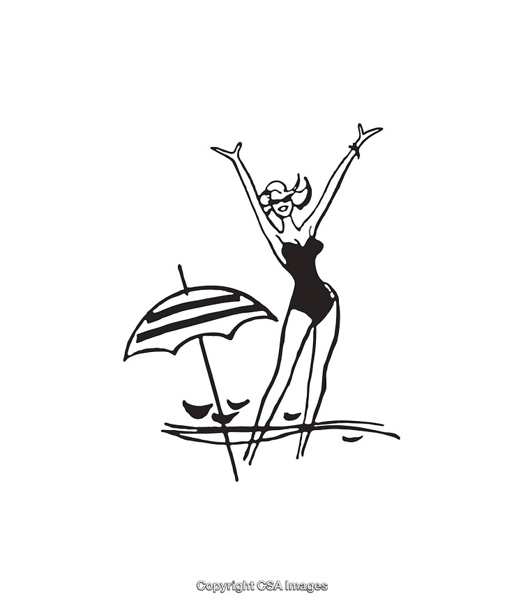 Black and White Line Art of a Woman Enjoying a Beach Day