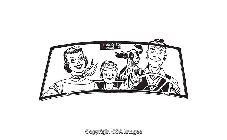 Retro Illustration of Family Driving Together in Vintage Car