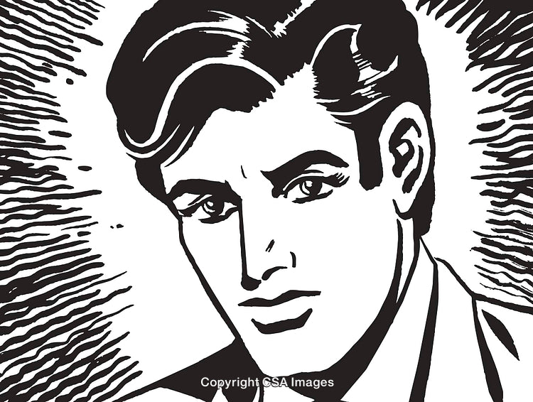 Black and White Illustration of a Stylish Man with Intense Expression
