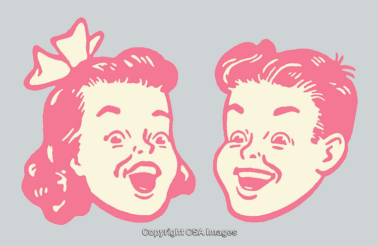 Retro Child Illustrations Featuring Smiling Boy and Girl in Nostalgic Style