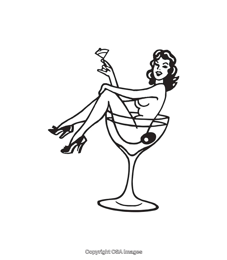 Retro Line Art Illustration of Woman Relaxing in Cocktail Glass