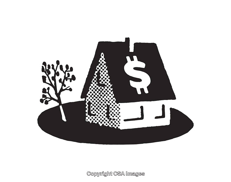 Black and White House Illustration with Dollar Symbol and Tree Design
