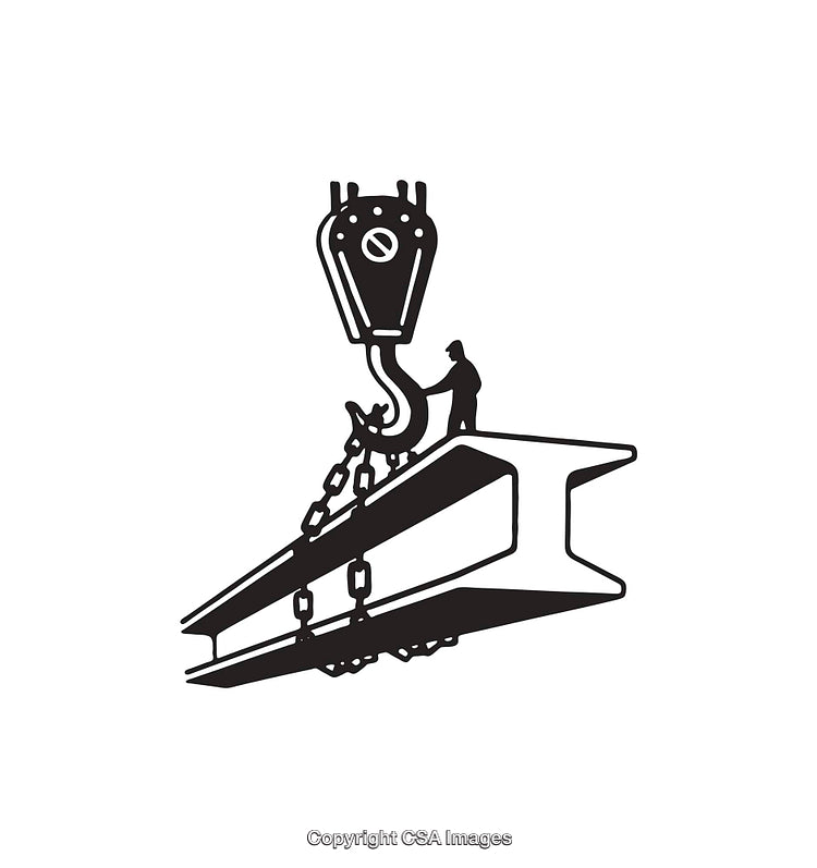 Industrial Worker Operating Crane With Steel Beam in Black and White Line Art