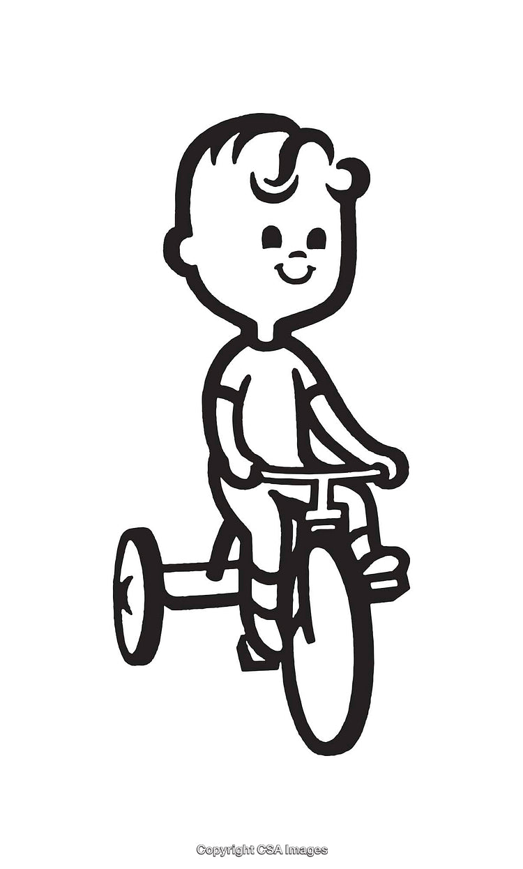 Black and White Illustration of a Child Riding a Tricycle