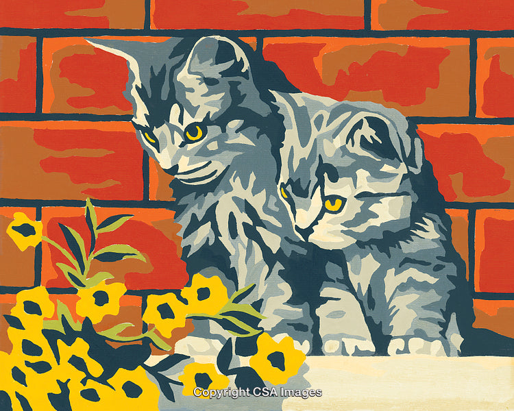 Colorful Cat Illustration with Yellow Flowers and Brick Wall Background