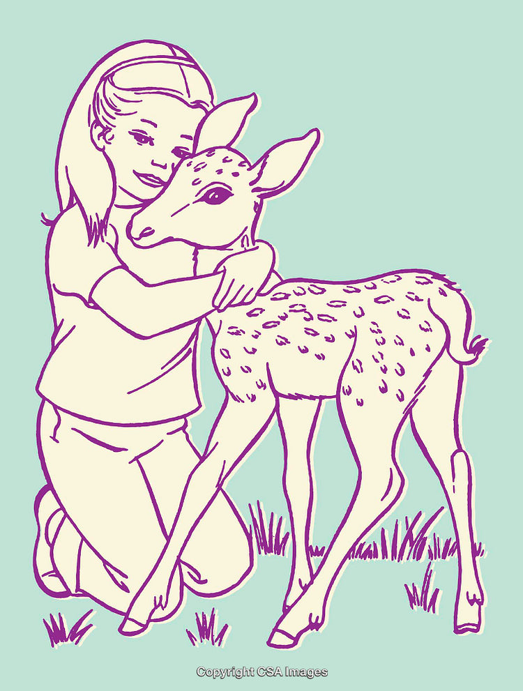 Illustration of a Girl Hugging a Deer in a Natural Setting