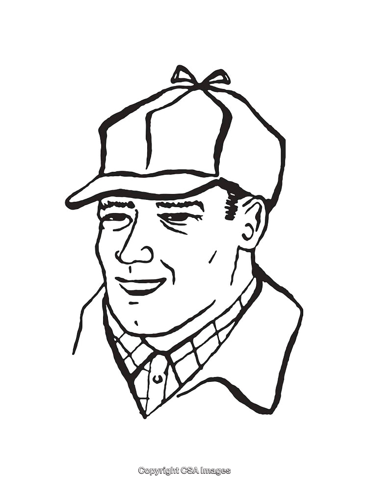 Black and White Line Art of a Smiling Man in a Checkered Shirt and Cap