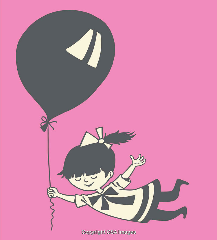 Whimsical Illustration of Girl Flying with Balloon on Pink Background