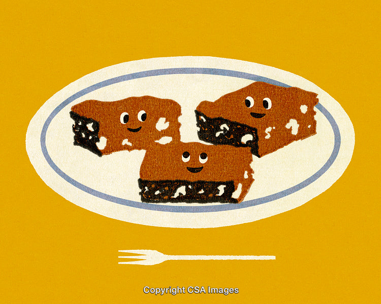 Illustrated Brownies with Smiley Faces on a Plate Over Yellow Background