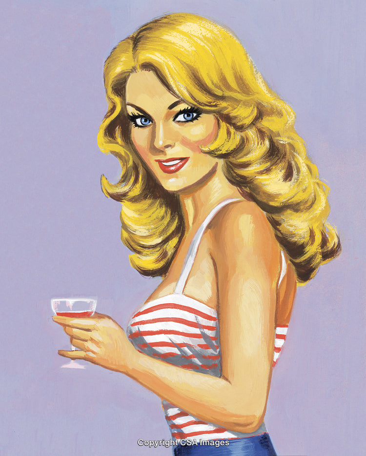 Vintage Blonde Woman Holding Glass in Americana Striped Top