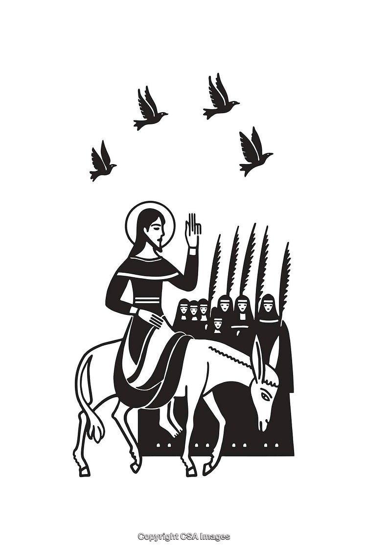 Black and White Religious Line Art Depicting Biblical Scene with Donkey and Palm