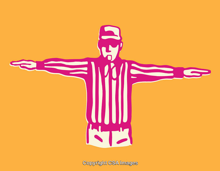 Vibrant Line Art of a Referee Giving Arm Signals on Orange Background