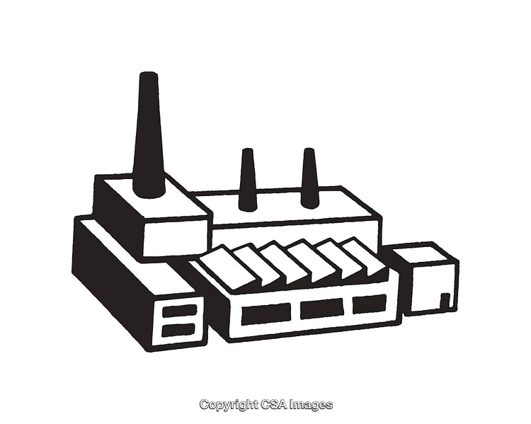 Black And White Factory Building Line Art Illustration With Chimneys