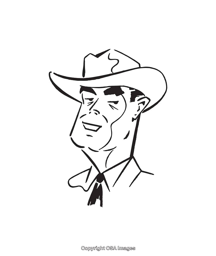 Retro Line Art of a Smiling Cowboy Wearing a Hat