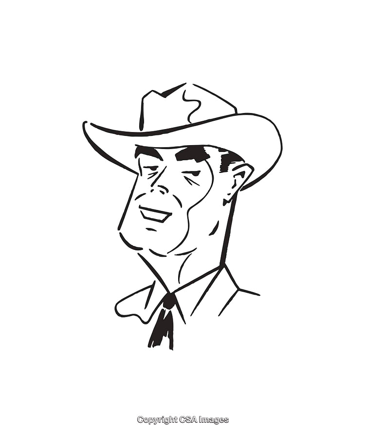 Retro Line Art of a Smiling Cowboy Wearing a Hat