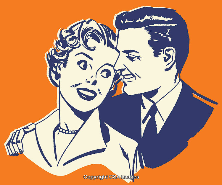 Retro Style Illustration of a Couple in Love on Vibrant Orange Background