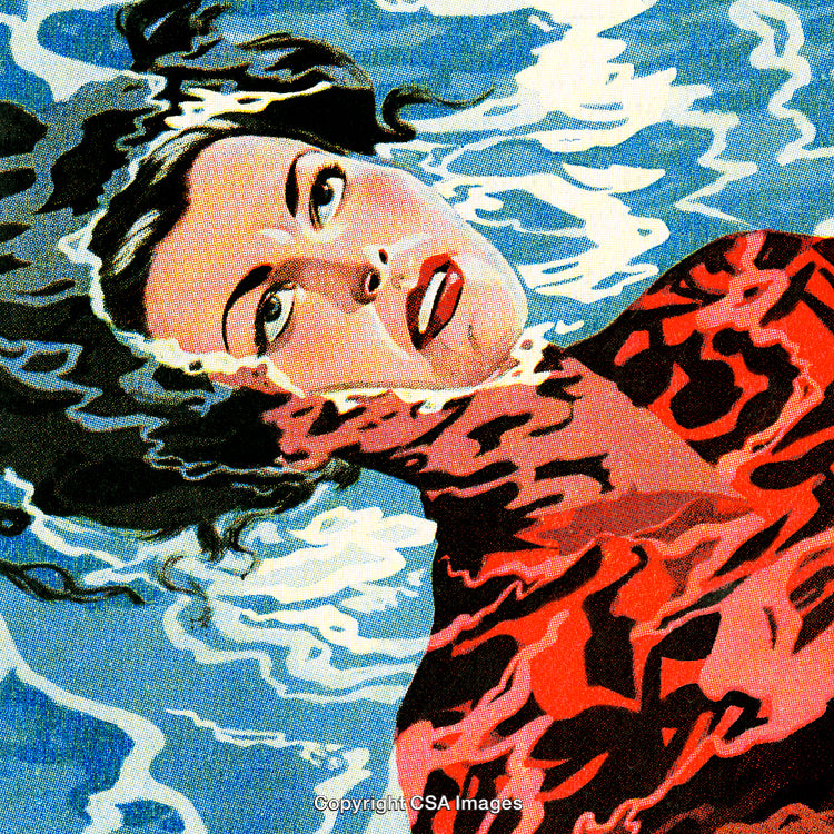 Vintage Illustration of a Woman Floating in Captivating Blue Water