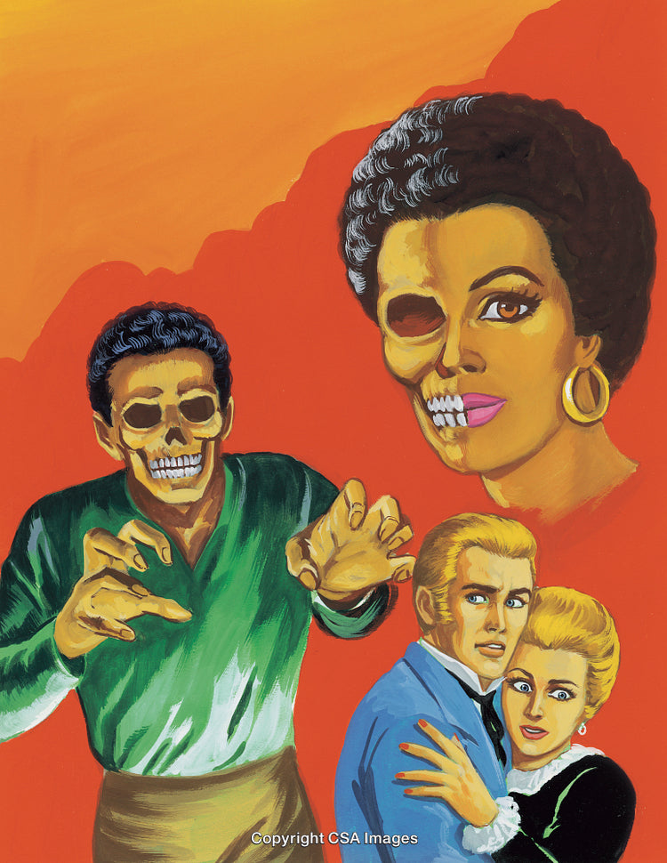 Dramatic Retro Illustration with Skeleton Faces and Scared Couple