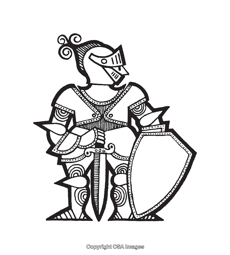 Intricate Black and White Line Art Illustration of a Knight in Armor